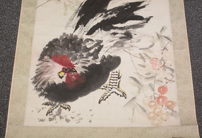 Lot 475 - Chinese scroll painting Rooster, another Lotus and insects
