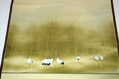 Lot 477 - Scroll painting cranes in landscape.