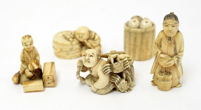 Lot 493 - Two ivory netsukes and three small carvings