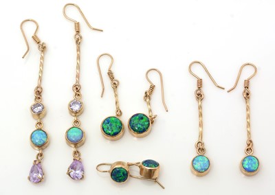 Lot 392 - Four pairs of synthetic opal and gemstone drop earrings