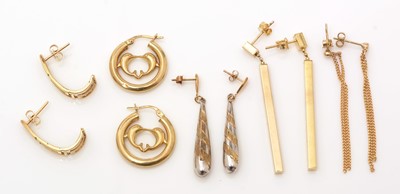 Lot 393 - Five pairs of 9ct yellow gold earrings