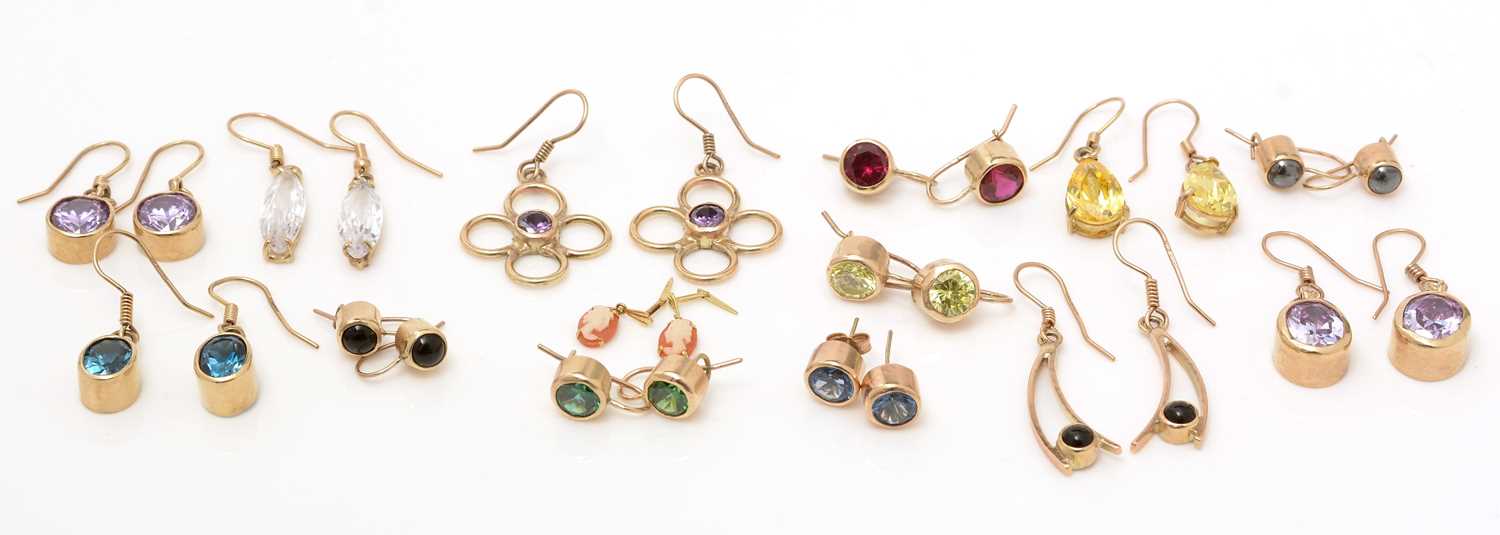 Lot 395 - Fourteen pairs of gem-set earrings