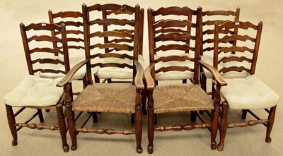 Lot 1075 - Eight 19th Century oak and rush seat ladder back dining chairs