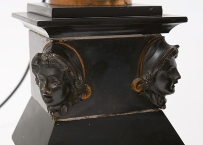 Lot 1017 - A pair of patinated bronze and slate table lamps