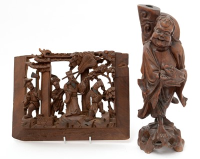 Lot 742 - Chinese rootwood figure and a carved wood panel