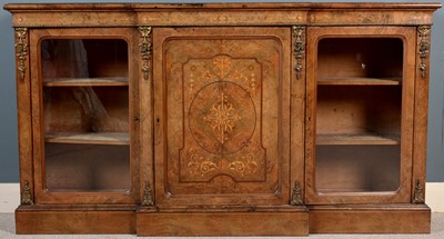 Lot 1031 - A Victorian inlaid burr walnut breakfront credenza