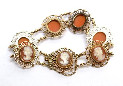 Lot 272 - A 9ct yellow gold and carved shell cameo set bracelet