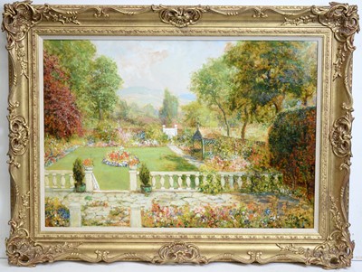 Lot 694 - John Falconar Slater - Vibrant Cottage Garden from the Prospect of a Terrace | oil