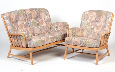 Lot 369 - Ercol; a beech framed 'Jubilee' two seater settee, and matching easy chair.