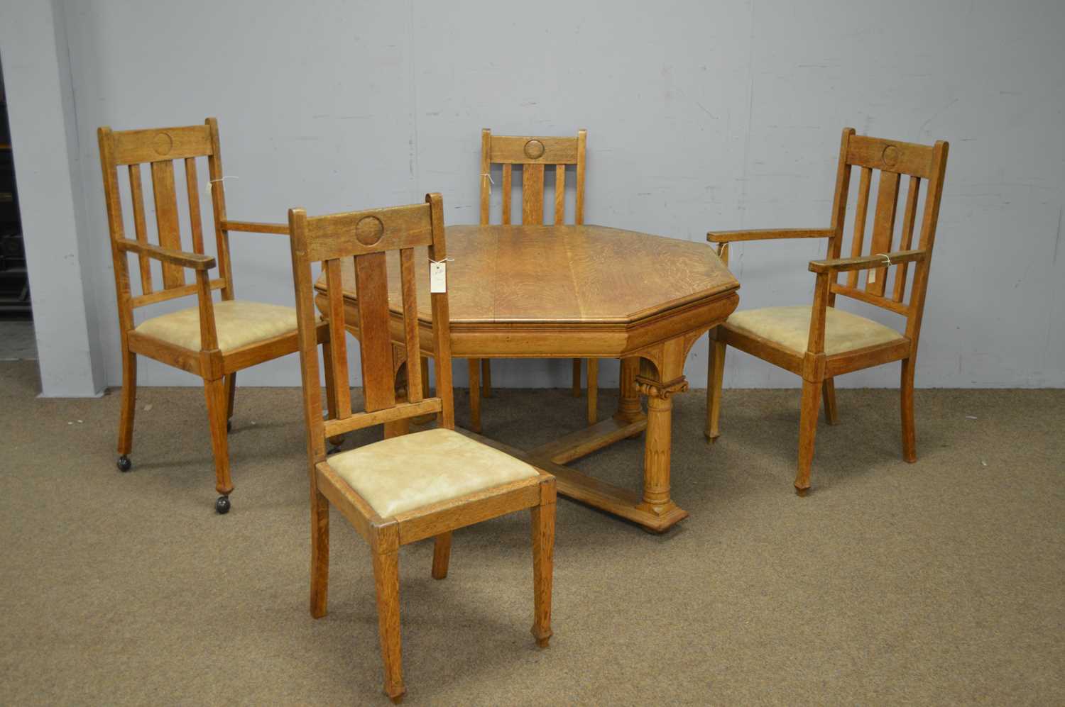 Lot 19 - An early 20th C centre table; and four dining chairs.