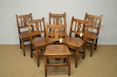Lot 14 - A set of six 19th Century oak Provincial rustic dining chairs.