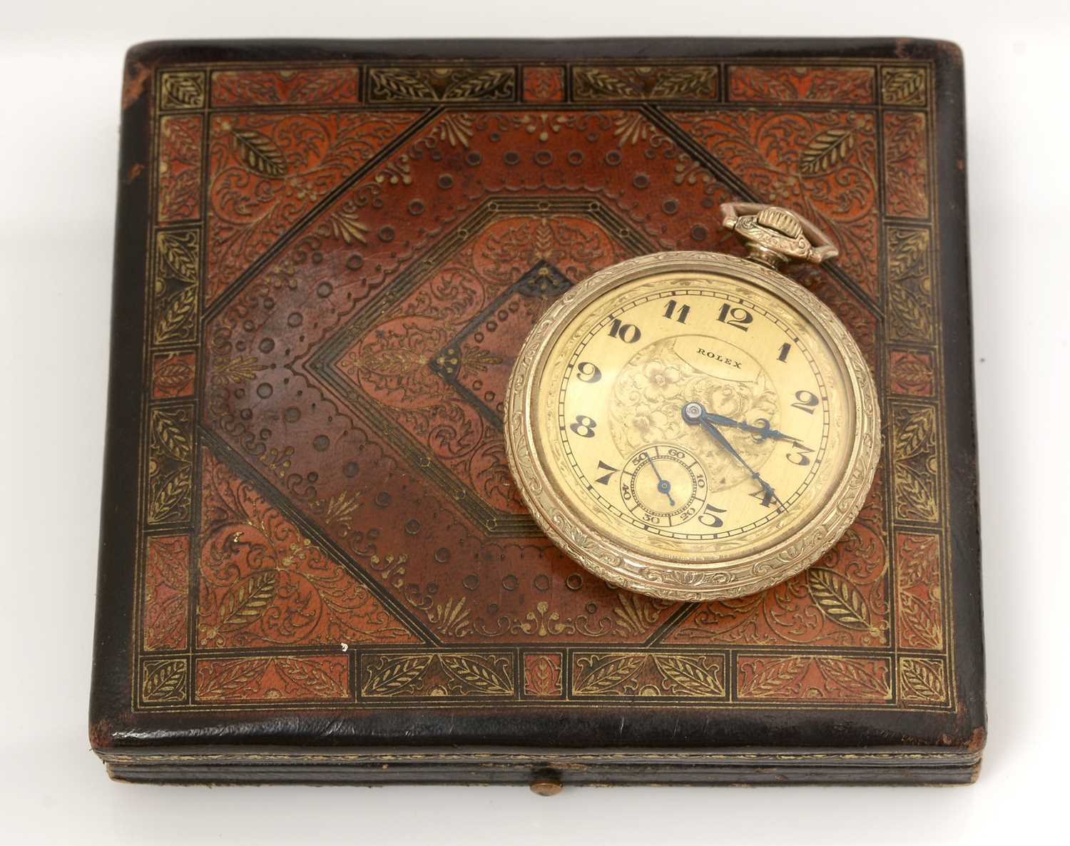 Lot 377 - Rolex: a gilt metal cased open faced pocket watch, with box