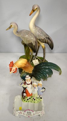 Lot 347 - 20th C French figure group; a cockerel; and a Yardley soap dish.