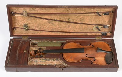 Lot 28 - 19th Century Violin, mahogany case and three bows.