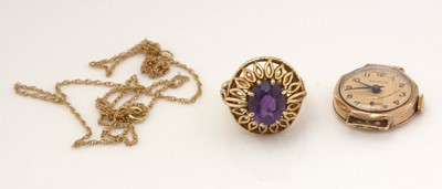 Lot 278 - An amethyst ring, a gold chain and a cocktail watch
