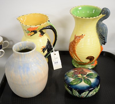 Lot 312 - Moorcroft dish, two Art Deco Burleigh Ware water jugs and  Ruskin pottery vase.