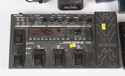 Lot 105 - Jim Dunlop CryBaby; Zoom GFX-8, Zoom GFX-5, Zoom GFX-4, qty power leads cables etc
