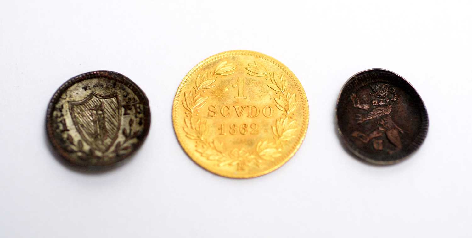 Lot 150 - A Pope Pius 1 Scudo gold coin, 1862; and two other coins.