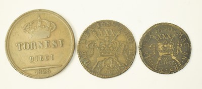 Lot 1035 - Two Irish gun money coins; and an Italian Tornesi coin.