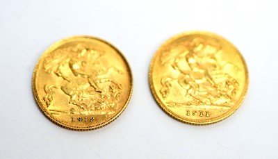 Lot 214 - Two George V gold sovereign, 1911 and 1912.