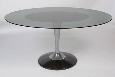 Lot 377 - Chromcraft USA; a 1970's smoked glass tulip table, with four swivel dining chairs.