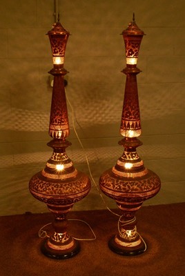 Lot 42 - A pair of Indian pierced coppered brass floor standing lamps
