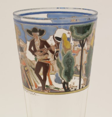 Lot 437 - Pair Portuguese Art Deco enamelled glass vases