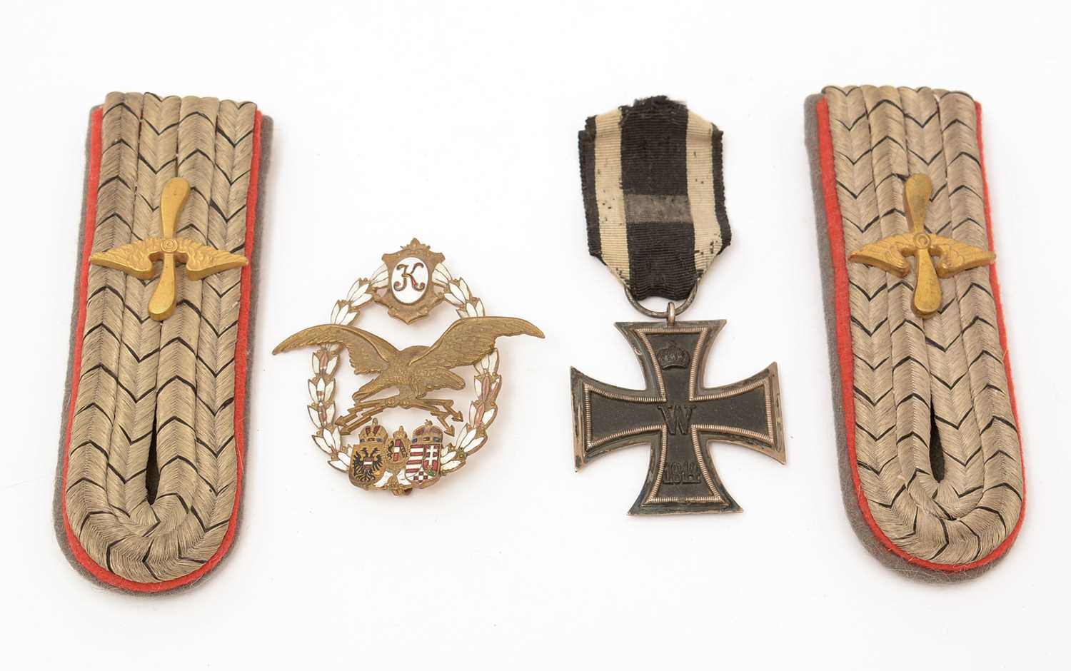 Lot 989 - A WWI Austrian Aircrew general flying badge, epaulets and Iron Cross.