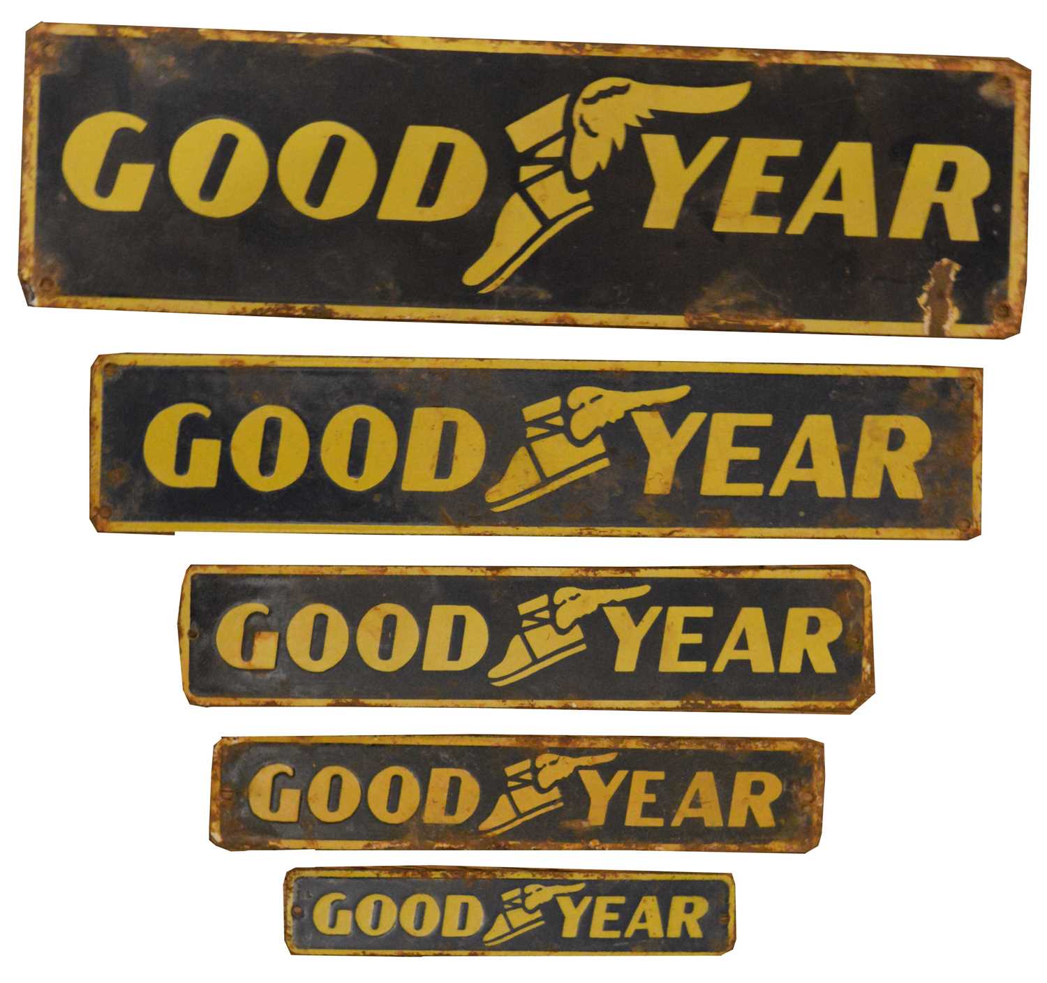 Lot 758 - A set of five graduated Good Year enamel advertising signs