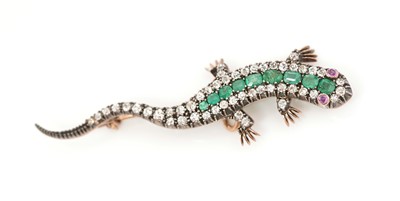 Lot 409 - A Victorian emerald, ruby and diamond lizard pattern brooch