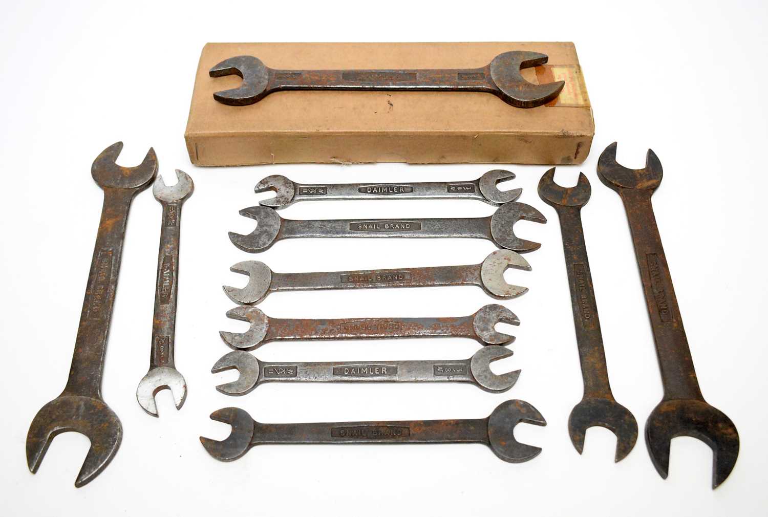 Lot 810 - Collection of Daimler 'Snail' brand spanners; and an Alvis Ltd. spanner.