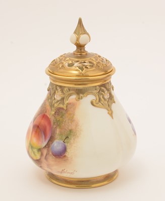 Lot 778 - Pair of Royal Worcester fruit painted vases and covers