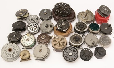 Lot 976 - A selection of fishing reels; spools and other items, various.