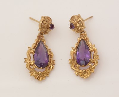 Lot 183 - A pair of amethyst and 9ct yellow gold drop earrings