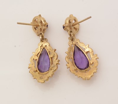 Lot 183 - A pair of amethyst and 9ct yellow gold drop earrings