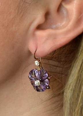 Lot 505 - A pair of Victorian amethyst and diamond floral earrings