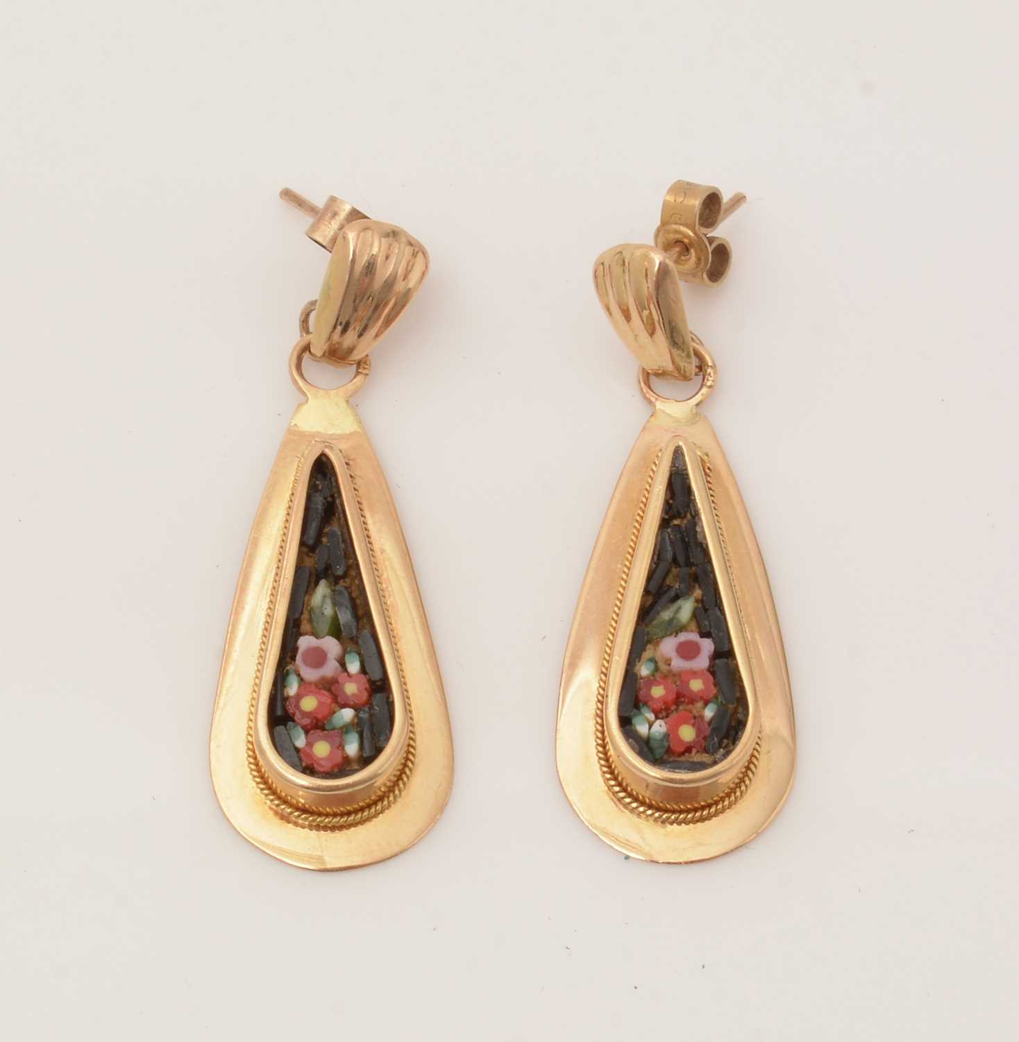 Lot 185 - A pair of micro mosaic and gold drop earrings