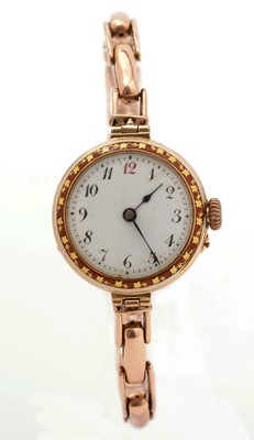 Lot 385 - An Edwardian 15ct yellow gold and enamel cased cocktail watch
