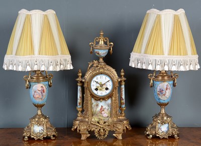 Lot 1005 - Vincenti & Cie: a French three-piece and gilt metal and porcelain clock garniture