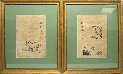 Lot 738 - Pair Chinese ink drawings, framed.