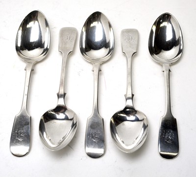 Lot 589 - Five Victorian silver dessert spoons, by Thomas Hart Stone