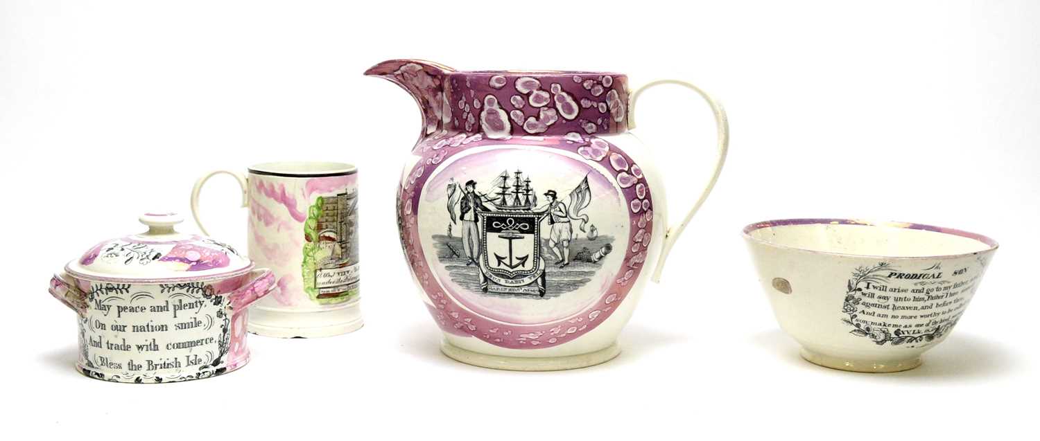 Lot 789 - Sunderland jug, jar and cover, frog mug, bowl.