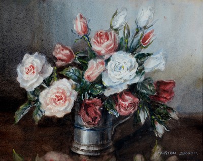 Lot 85 - Marion Broom RWS - Still Life with Garden Roses and Pewter Tankard | watercolour