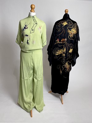 Lot 823 - A pair of 1930s lime green Art Deco satin pyjamas from Singapore and a kimono