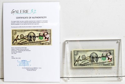 Lot 475 - Andy Warhol - Autograph on a Two Dollar Banknote | pen and ink