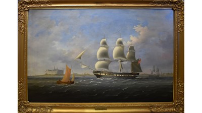 Lot 678 - William John Huggins - A Dutch Man-of-War in The Sound Dues with Kronborg Castle in the distance