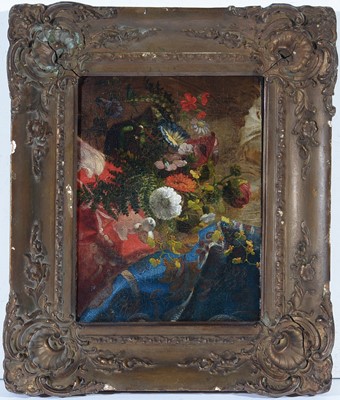 Lot 126 - 19th Century French School - Still Life with Flowers on Patterned Silk | oil