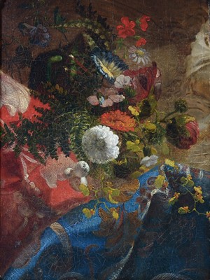 Lot 126 - 19th Century French School - Still Life with Flowers on Patterned Silk | oil