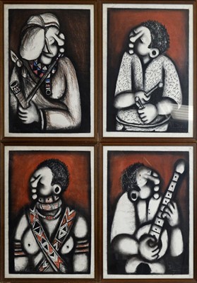Lot 550 - Peter Sibeko - Singer and Musicians | charcoal and pastel