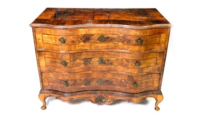 Lot 1298 - An 18th Century South German inlaid burr walnut commode.